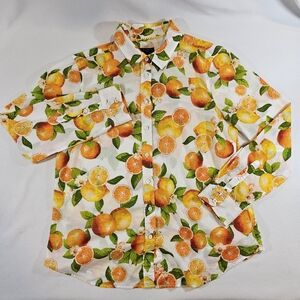 Talbots Citrus Orange Lemon Print Cotton Button Front Blouse SZ M PETITE